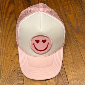 Pink and Cream Trucker Hat with Smiley Face
